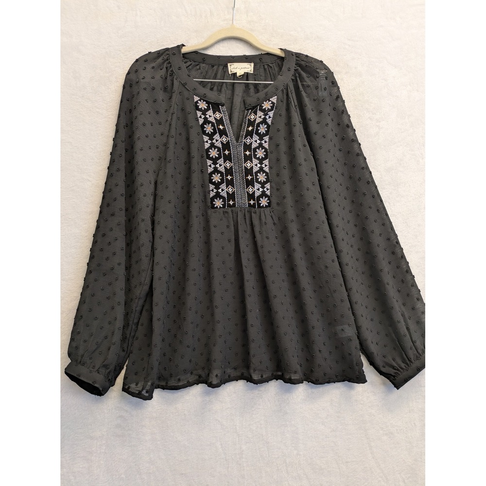 Cloth & Portrait Women's Black Embroidered Long Sleeve Blouse Top